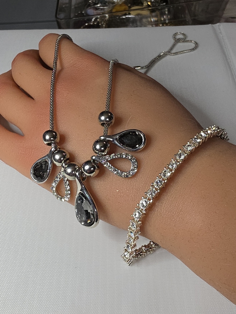 Silver-Tone Teardrop Pendant Necklace with Black Crystals
